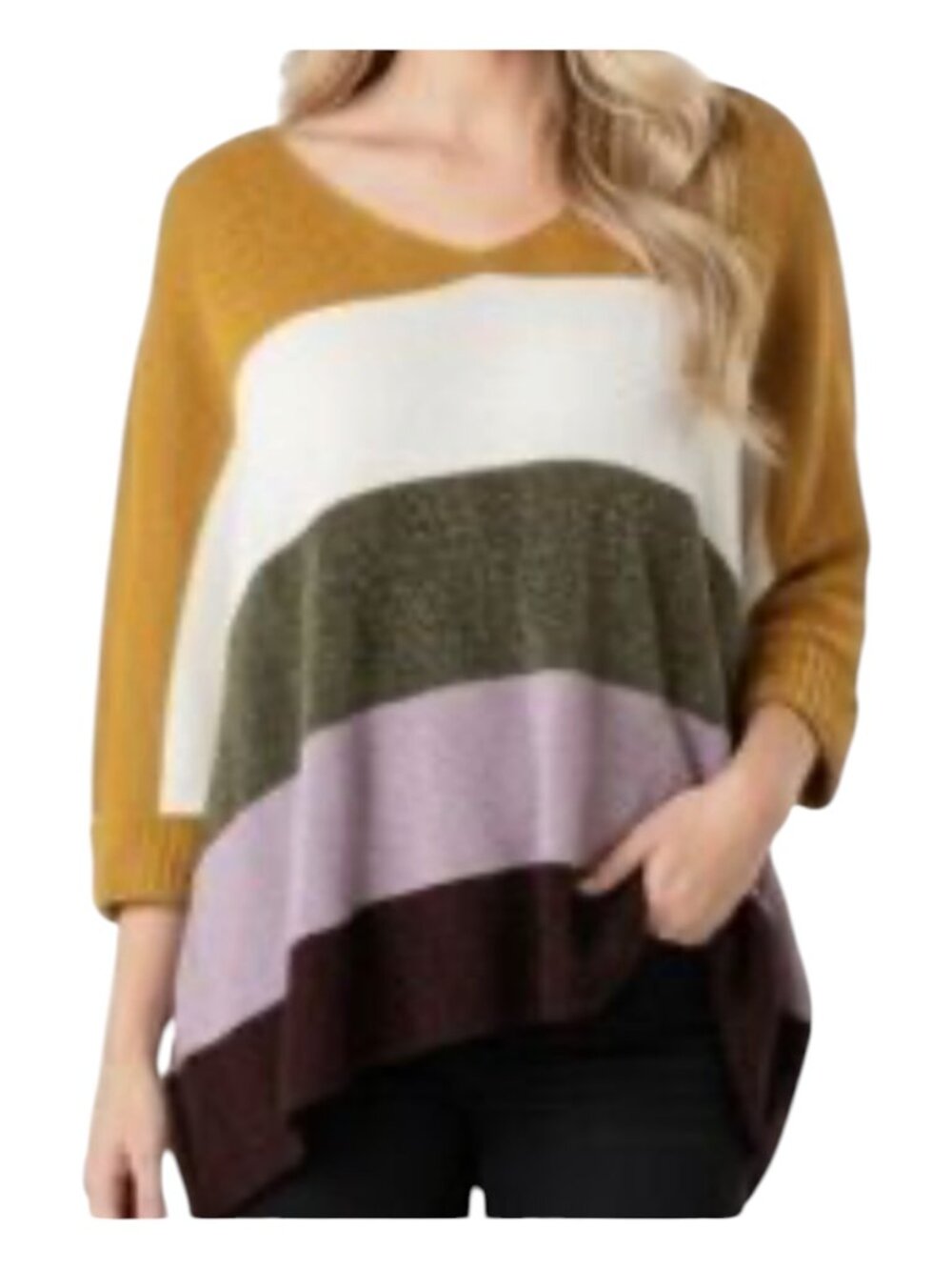 She + Sky NWT One Size Chenille Colorblock Oversized Sweater Mustard Purple Fall